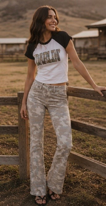 Tan Camo Double Waistband Low Rise Bootcut