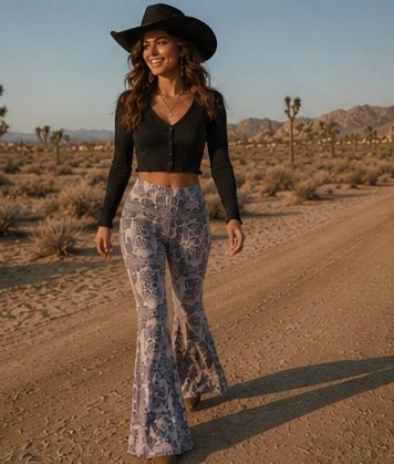 MAUVE PRINTED BELL BOTTOM WITH BACK POCKETS