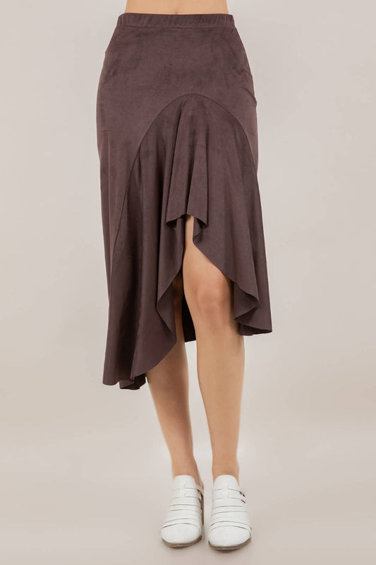 ASYMMETRIC FAUX SUEDE MIDI SKIRT