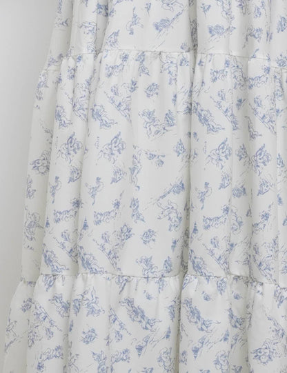 Ladies Romantic Floral Print Corset Puff Sleeves Midi Dress