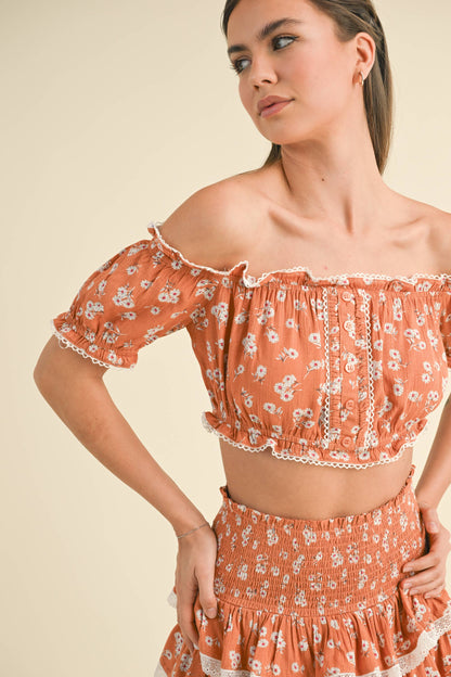 OFF SHOULDER CROP TOP WITH TIERED MINI SKIRT SET