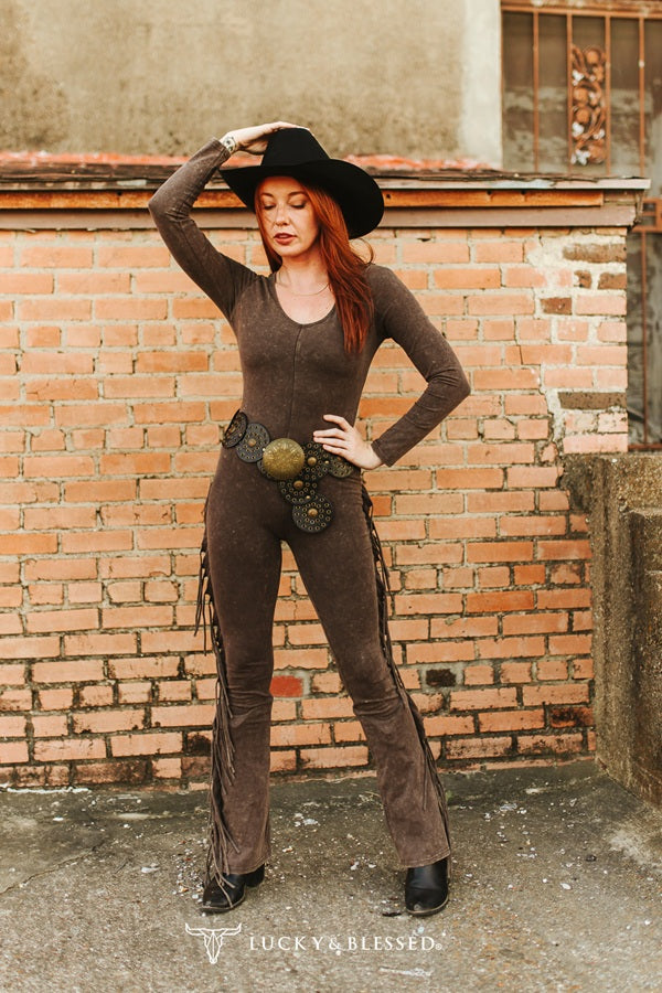 DARK BROWN MINERAL WASH SIDE FRINGE FLARE JUMPSUIT