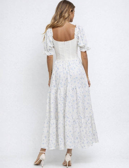 Ladies Romantic Floral Print Corset Puff Sleeves Midi Dress