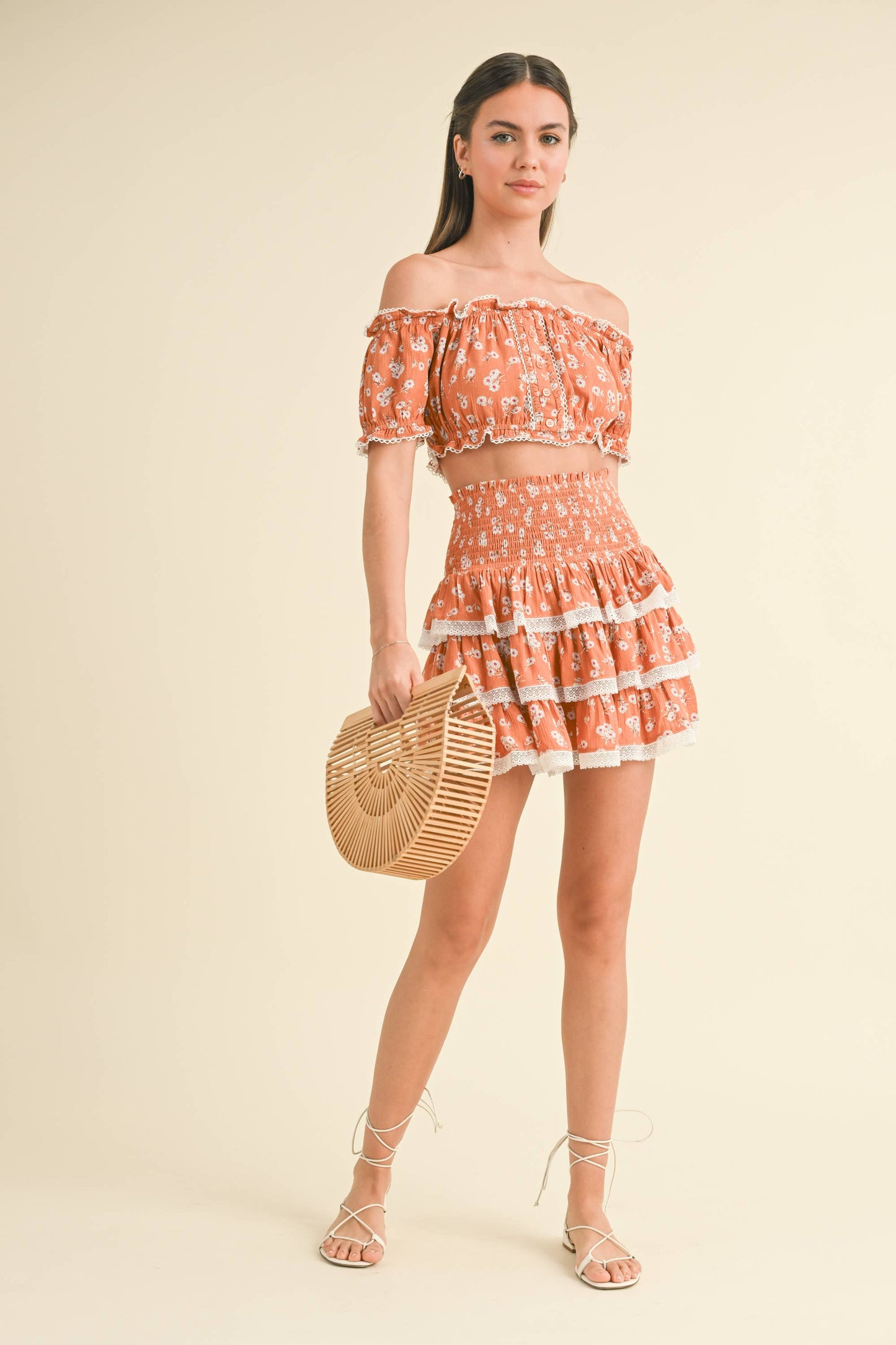 OFF SHOULDER CROP TOP WITH TIERED MINI SKIRT SET