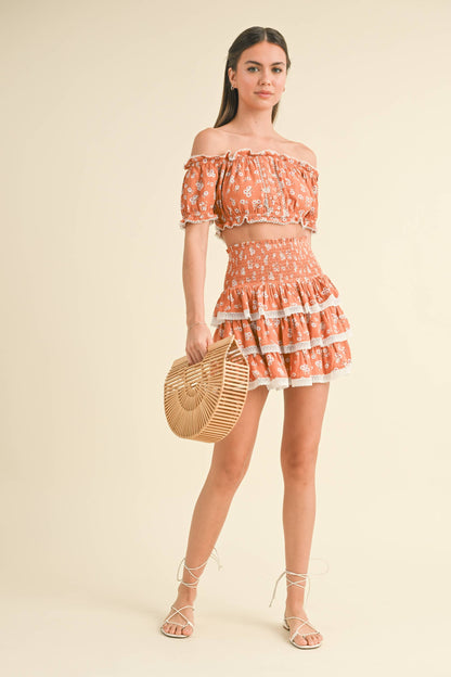 OFF SHOULDER CROP TOP WITH TIERED MINI SKIRT SET