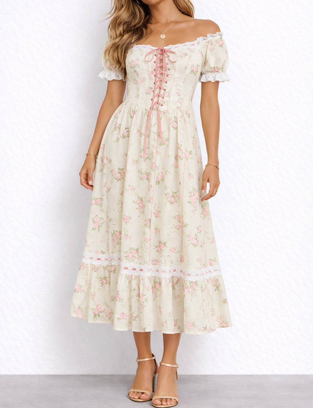 Ladies Romantic Floral Puff Sleeves Lace-Up Corset Maxi Dress
