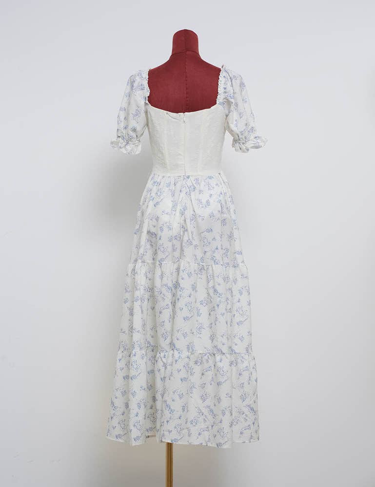 Ladies Romantic Floral Print Corset Puff Sleeves Midi Dress