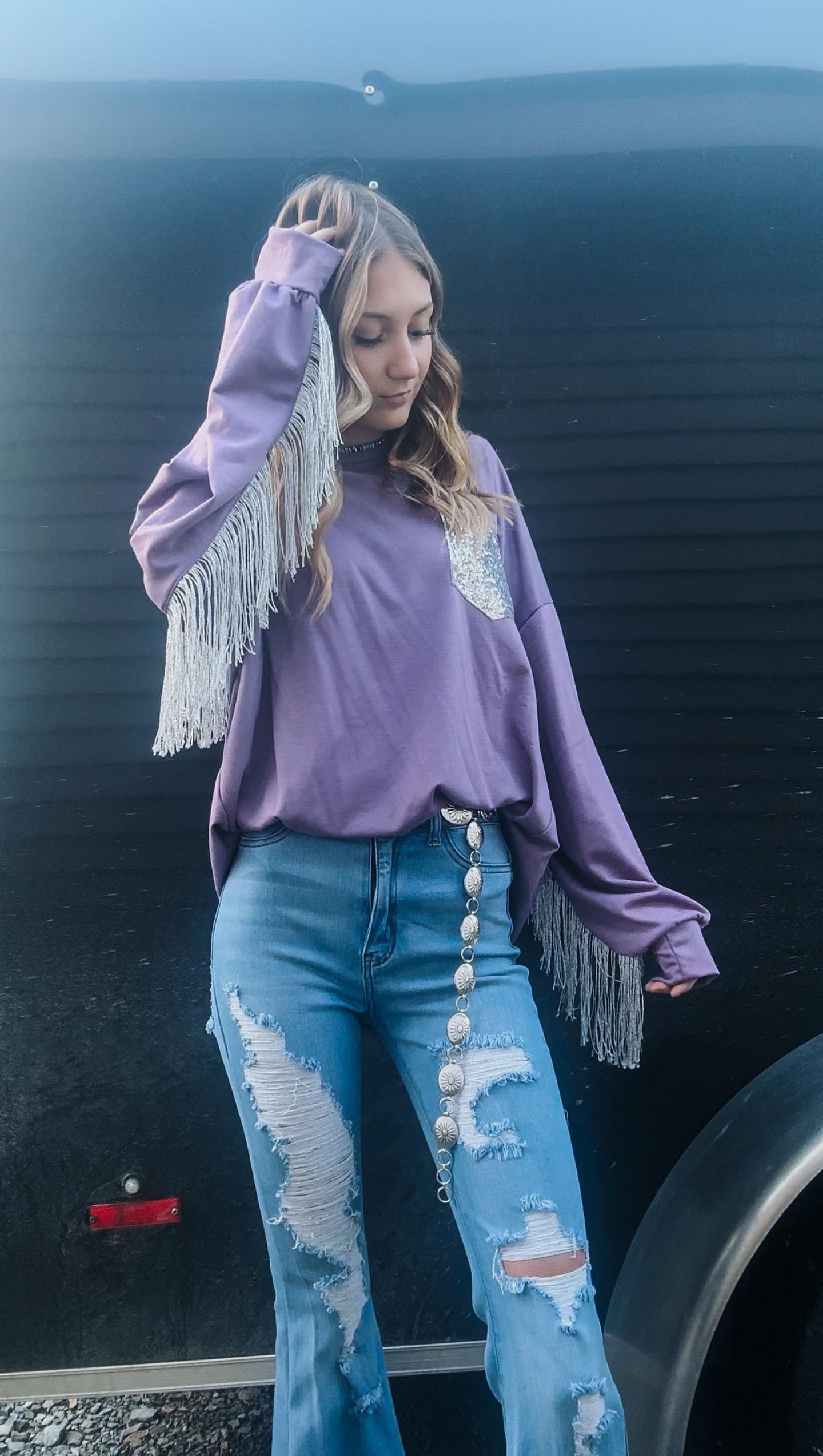 Fringe Sequin Knit Top - Lavender