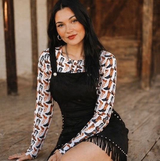 BLACK SUEDE STUDDED OVERALL DRESS W FRINGE HEM