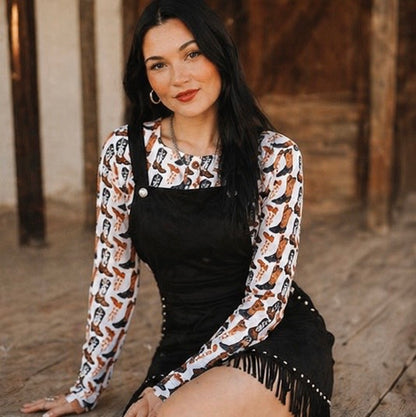 BLACK SUEDE STUDDED OVERALL DRESS W FRINGE HEM