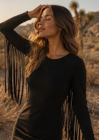 LONG SLEEVE FRINGED RIBBED BODYCON DRESS