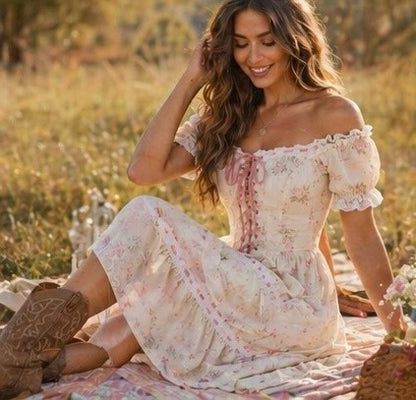 Ladies Romantic Floral Puff Sleeves Lace-Up Corset Maxi Dress