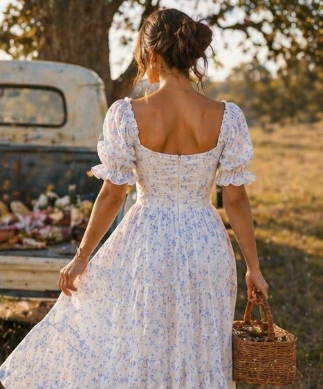 Ladies Romantic Floral Print Corset Puff Sleeves Midi Dress