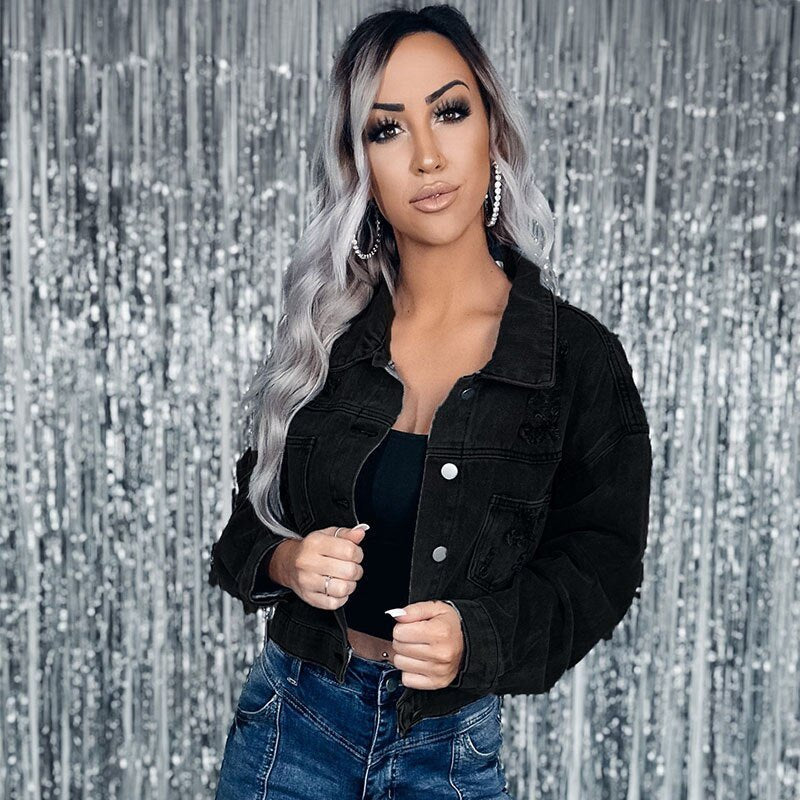 Rhinestone Fringed Denim Cropped Jacket