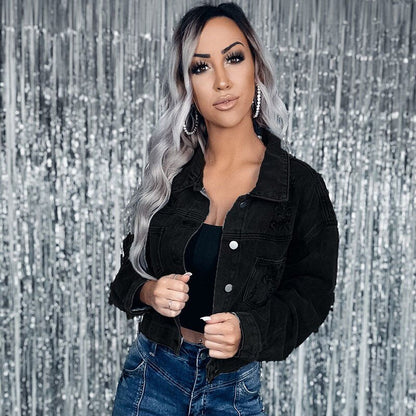 Rhinestone Fringed Denim Cropped Jacket
