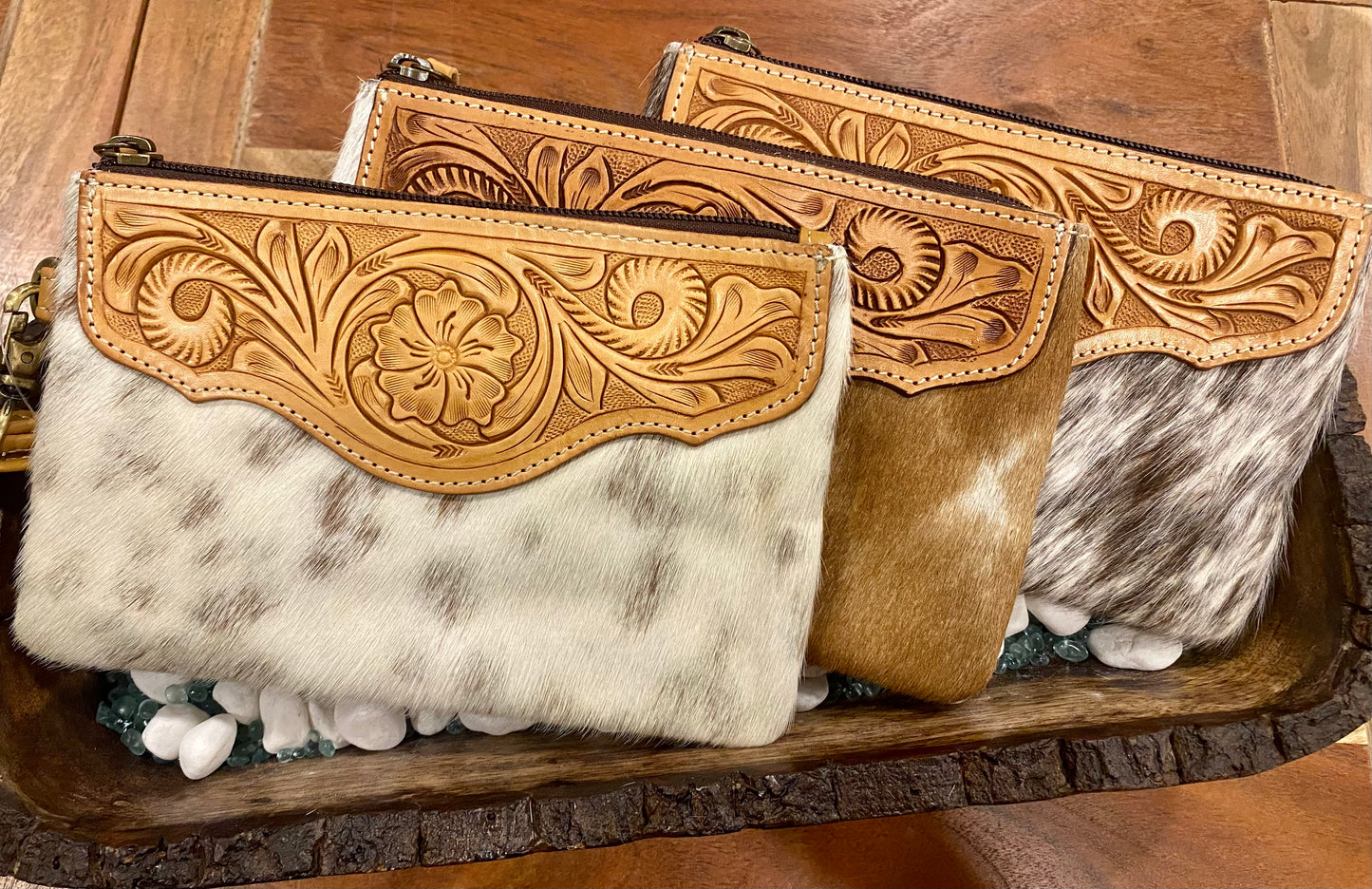 Cowhide & Tooled Leather Wristlet