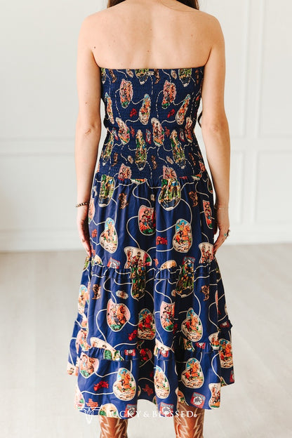 NAVY WESTERN PRINT SMOCKED MAXI TIER DRESS