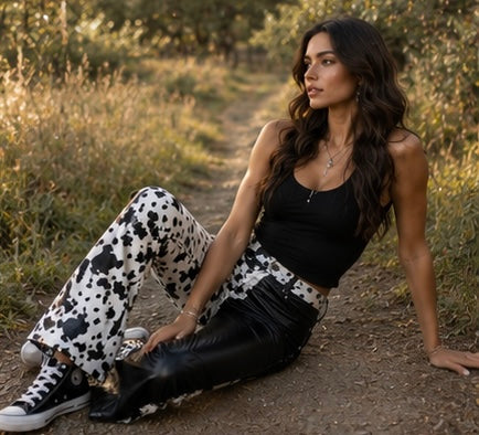 BLACKTWO TONE PU COW PRINT PANTS