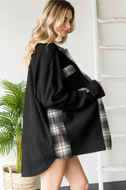 Black Patchwork Thermal Waffle Shacket