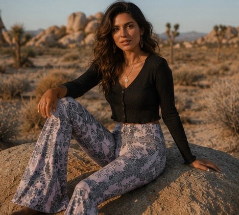 MAUVE PRINTED BELL BOTTOM WITH BACK POCKETS