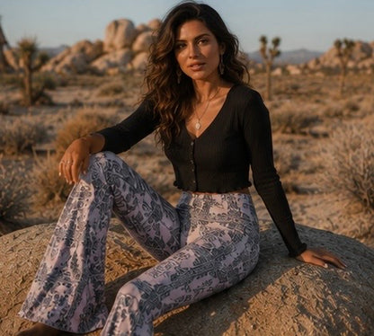 MAUVE PRINTED BELL BOTTOM WITH BACK POCKETS