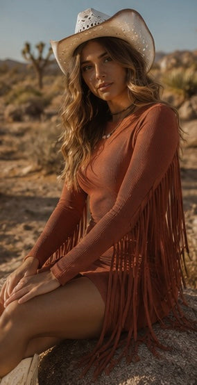 LONG SLEEVE FRINGED RIBBED BODYCON DRESS