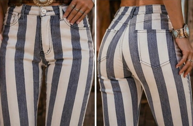 GREY STRIPE WESTERN DENIM BELL BOTTOMS