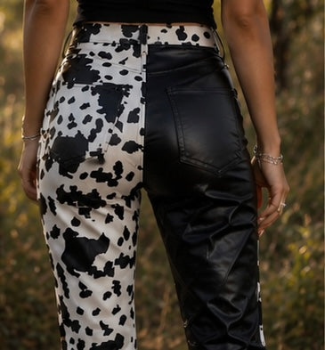 BLACKTWO TONE PU COW PRINT PANTS