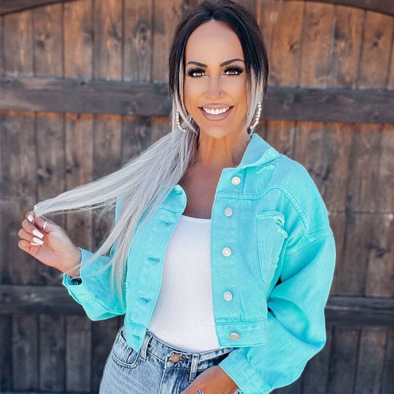 Rhinestone Fringed Denim Cropped Jacket