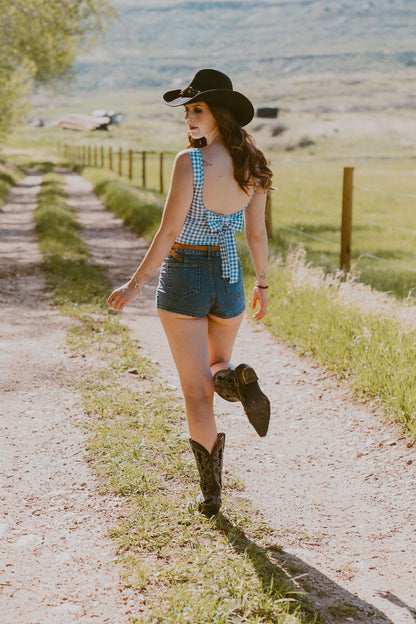 The Casey Blue Checked Bow Tank