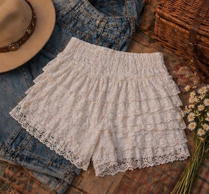 Ladies Elastic Waist Tiered Ruffle Lace Trim Shorts