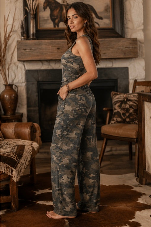 Camouflage Print Slim Tank Drawstring Pant Set