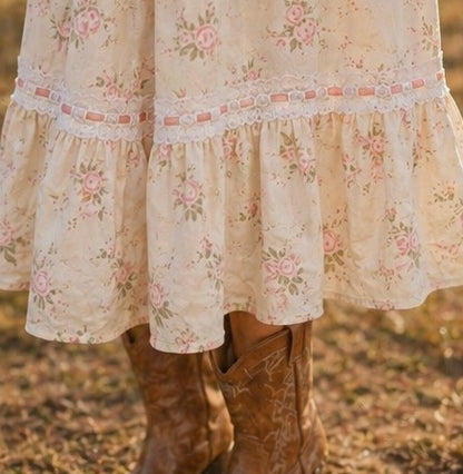Ladies Romantic Floral Puff Sleeves Lace-Up Corset Maxi Dress