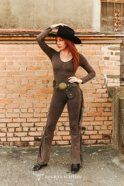 DARK BROWN MINERAL WASH SIDE FRINGE FLARE JUMPSUIT