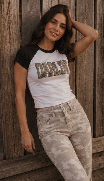 Tan Camo Double Waistband Low Rise Bootcut