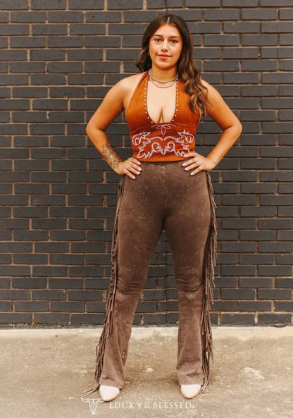 Mineral Wash Side Fringe Flare Pants