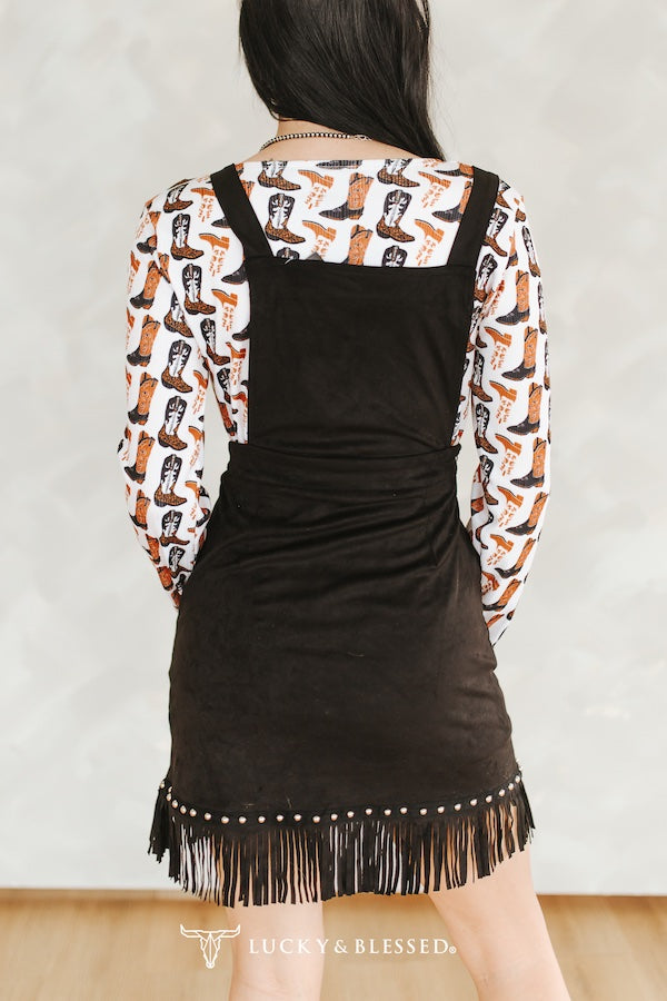 BLACK SUEDE STUDDED OVERALL DRESS W FRINGE HEM