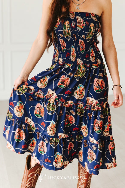 NAVY WESTERN PRINT SMOCKED MAXI TIER DRESS