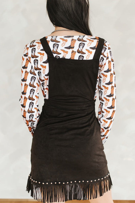 BLACK SUEDE STUDDED OVERALL DRESS W FRINGE HEM