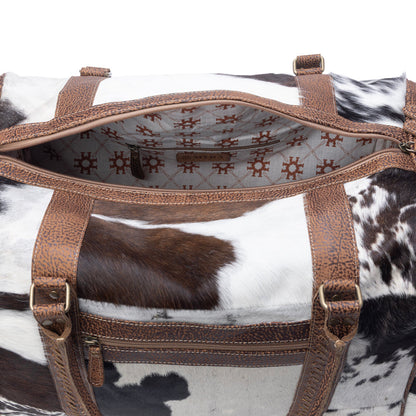 Myra Rustic Vista Handtooled Hairon Ruffle Traveller Bag in Cocoa Frost