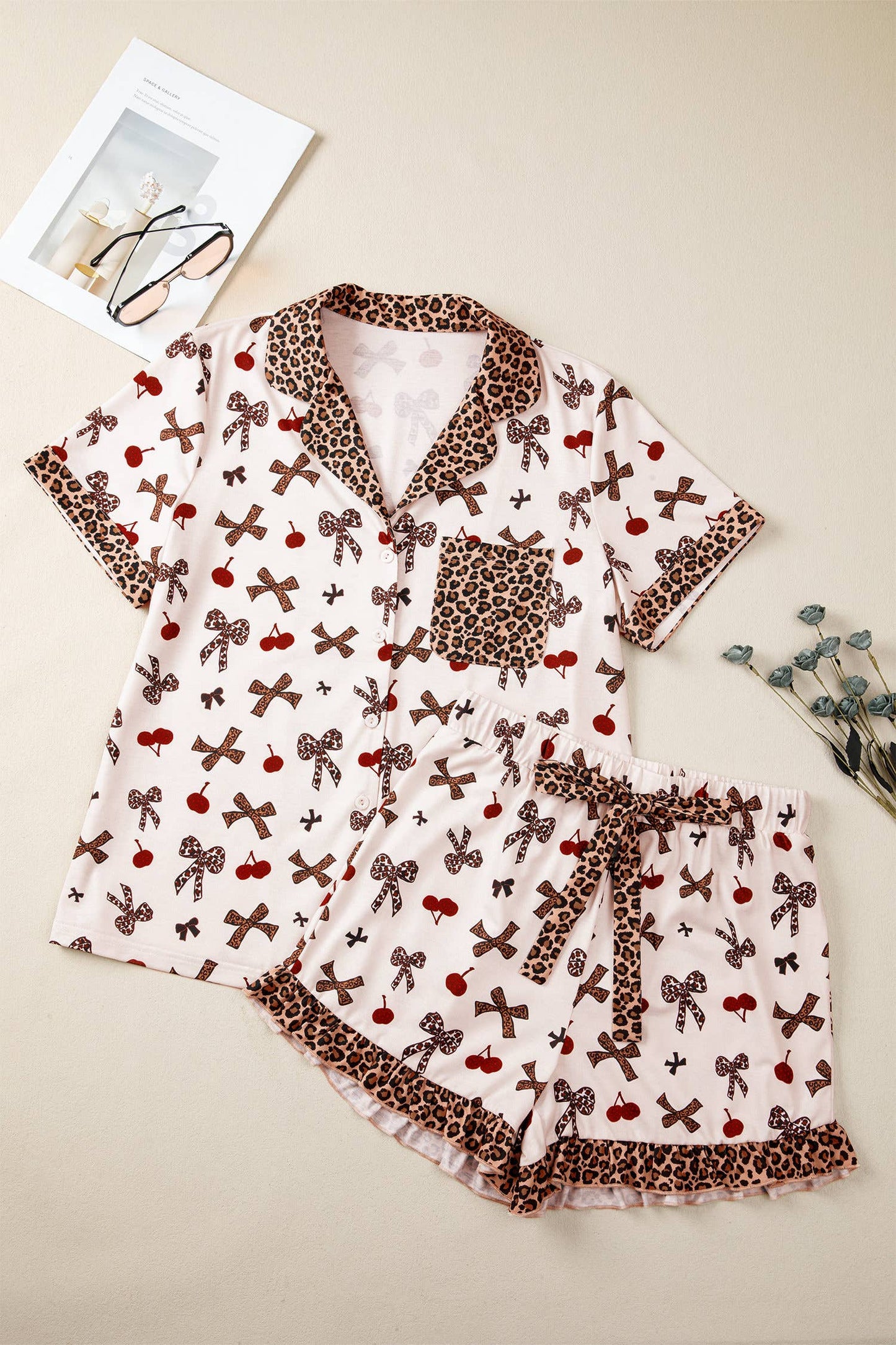 Bow Cherry Leopard Patchwork Shirt and Shorts Lounge Set