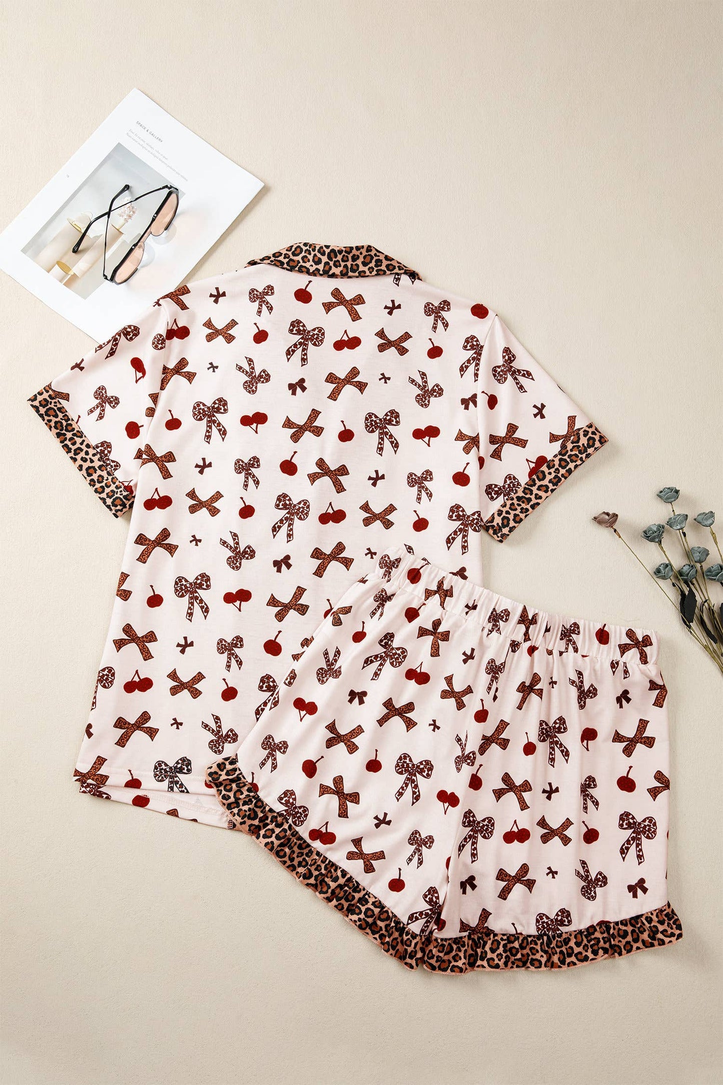 Bow Cherry Leopard Patchwork Shirt and Shorts Lounge Set