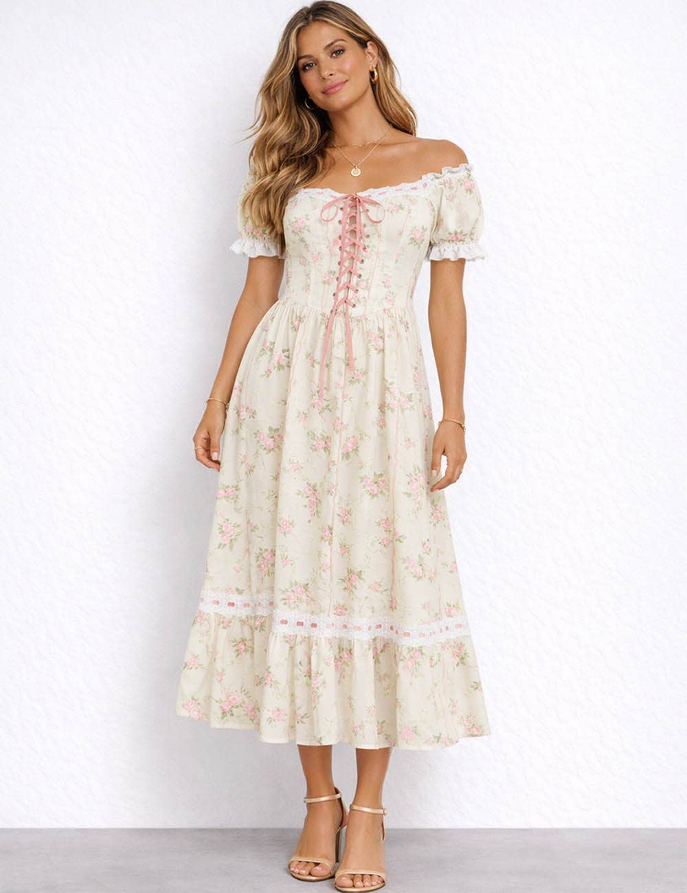 Ladies Romantic Floral Puff Sleeves Lace-Up Corset Maxi Dress