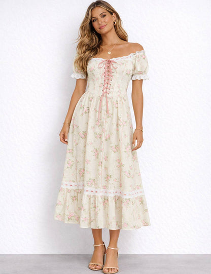 Ladies Romantic Floral Puff Sleeves Lace-Up Corset Maxi Dress