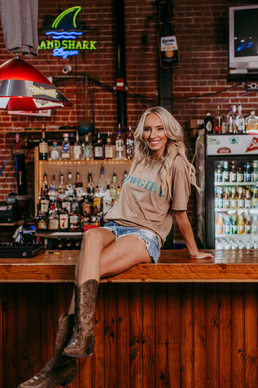 Cowgirl Sequin Embroidered Tee - Tan