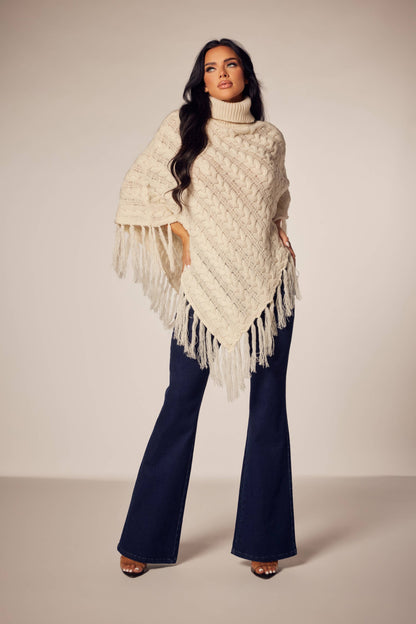 Prairie Romance Cable Knit Fringe Poncho