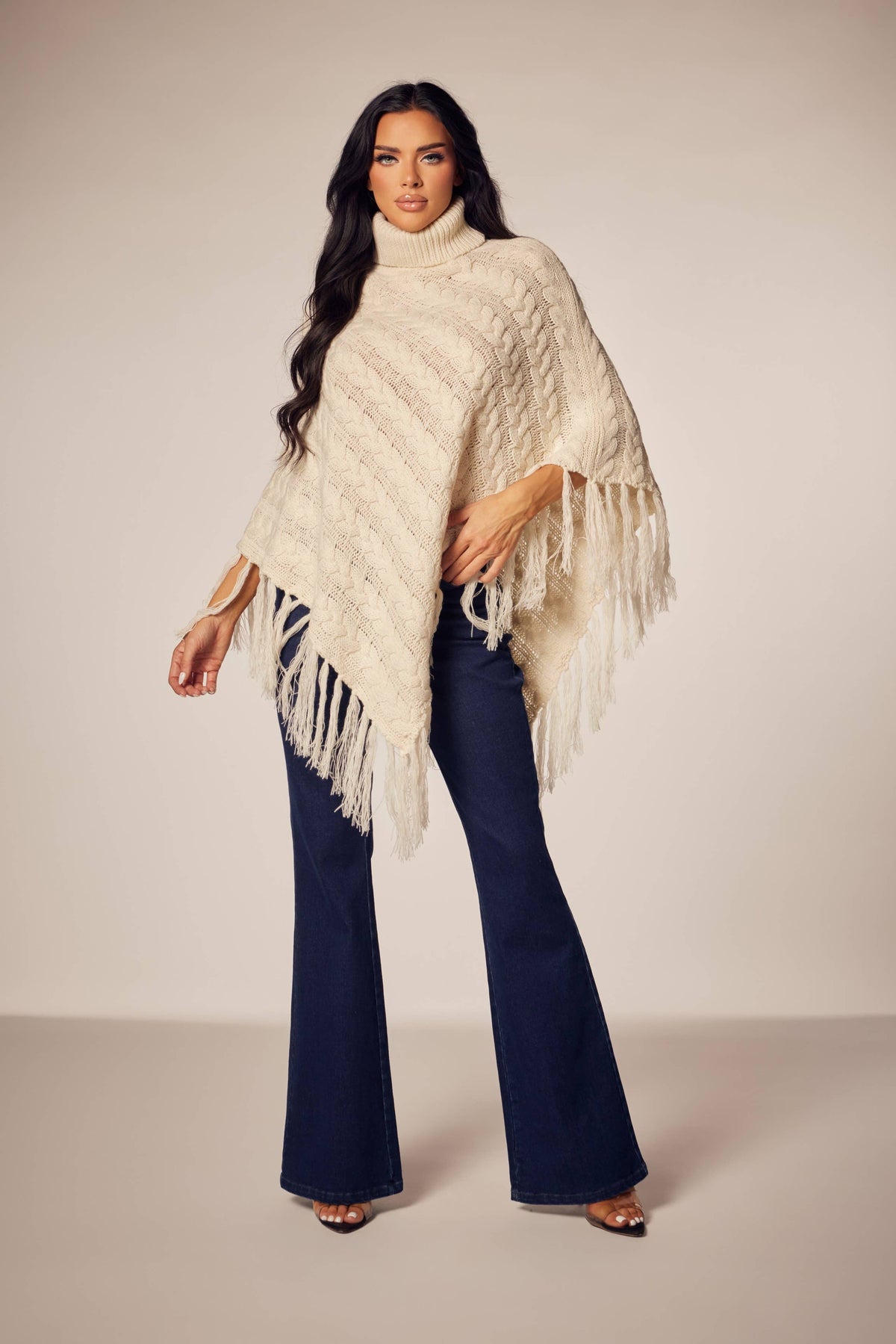 Prairie Romance Cable Knit Fringe Poncho