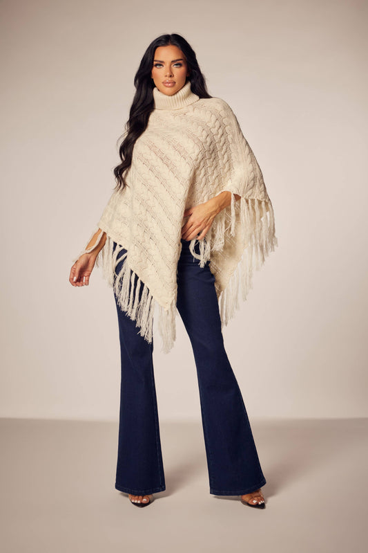 Prairie Romance Cable Knit Fringe Poncho