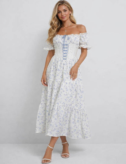 Ladies Romantic Floral Print Corset Puff Sleeves Midi Dress