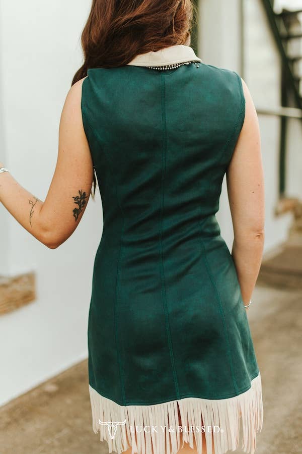 Jade W Cream Suede Sleeveless Fringe Hem Dress